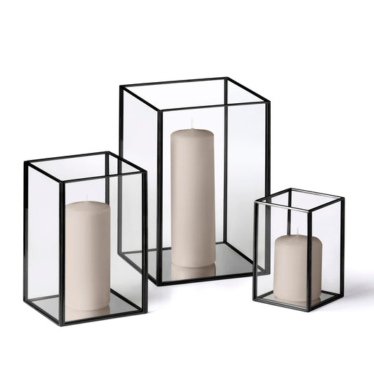 Yummi Set of 36 Slim Pillar Candles & Black Luxus Lanterns - Taupe