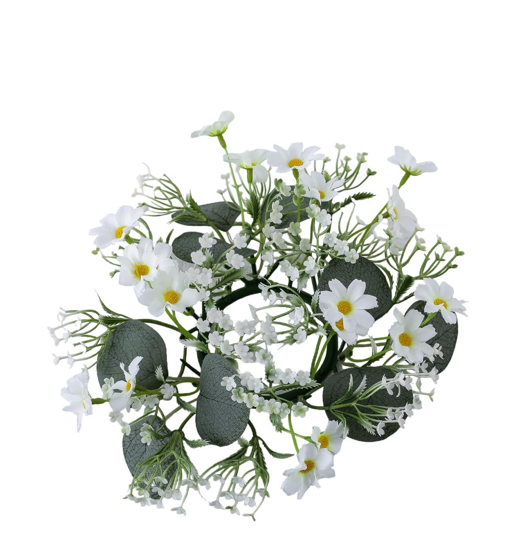2 Pcs Candle Rings Wreaths,Artificial Daisy Flowers with Green Leaves Flower Candle Rings Candleholders Garland for Pillar Centerpiece Party Table Decor,3inch Center Diameter (White)