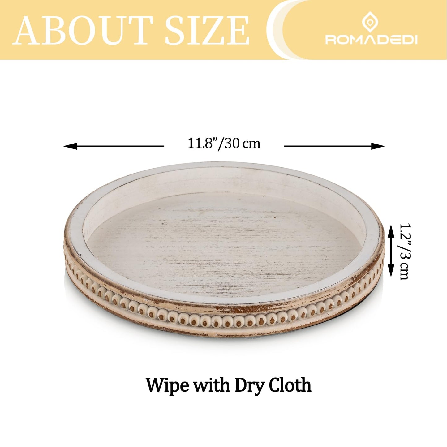 Farmhouse Wood Tray Candle Holder - Romadedi Bead Round Wooden Decorative Tray for Coffee Table Decor Serving Trays Kitchen Counter Rustic Centerpiece for Living Room Home Organizer, White Washed