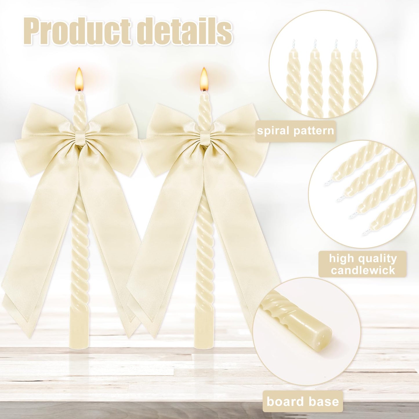 Whaline 8Pcs Spiral Taper Candles with Ribbon Bow Decor Dripless Twisted Wax Candles 10 Inch Long Unscented Candle Sticks for Coquette Bachelorette Bridal Wedding Party (Ivory White)