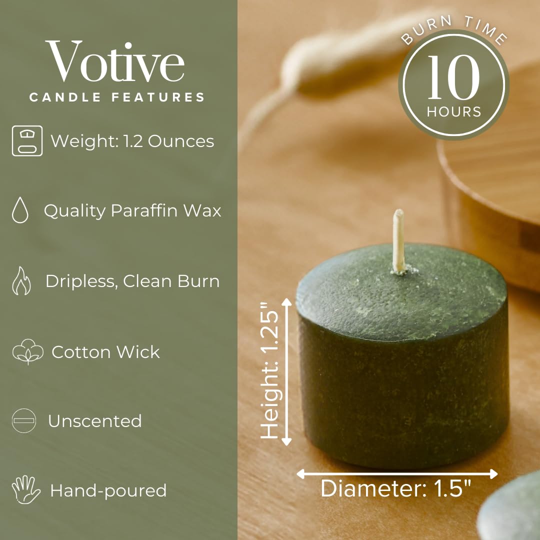 Simply Soson Votive Candles - 24 Dark Moss Green Votive Candle Bulk Pack - Votive Candles Without Glass, Votive Candle Unscented, 10 Hours Burn time - for Wedding, Birthday, Holiday & Home Decor