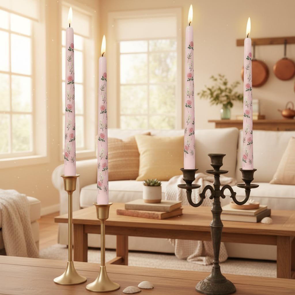Rose Printed Taper Candle Smokeless- 4 Pack Handmade Pink Taper Candle - Dripless Uncented Candle 10 inches Long Flower Printed Tapered Candles for Mother's Day Home Wedding Restaurant Holiday Decor