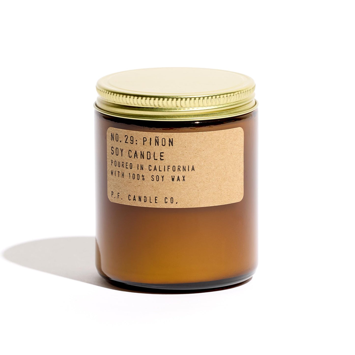 P.F. Candle Co. Piñon Classic Standard Scented Soy Wax Candle (7.2 oz) 40-50 Hour Burn Time, Amber Glass Jar, Made in The U.S.A.