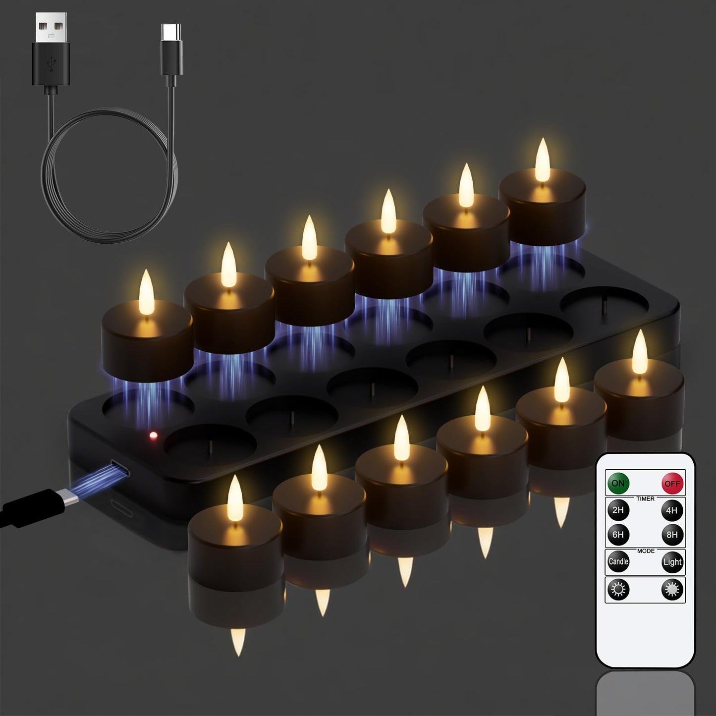 GenSwin 12 Rechargeable Tea Lights Candles with Charging Base and Remote Timer, Flameless LED Tealight Candles Battery Operated Halloween Fall Wedding Table Centerpieces (Black, 1.57” x 1.85”)