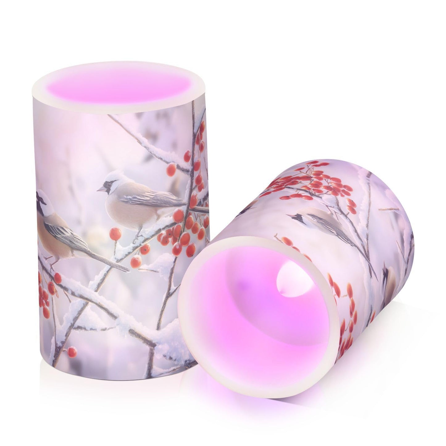ALAZA Christmas Winter Bird Cherry Snowflake Flickering Flameless Candles Battery Operated with Remote Timer,Tea Light Candles LED Pillar Votive Candles Set of 2 for Outdoor Indoor Decorations