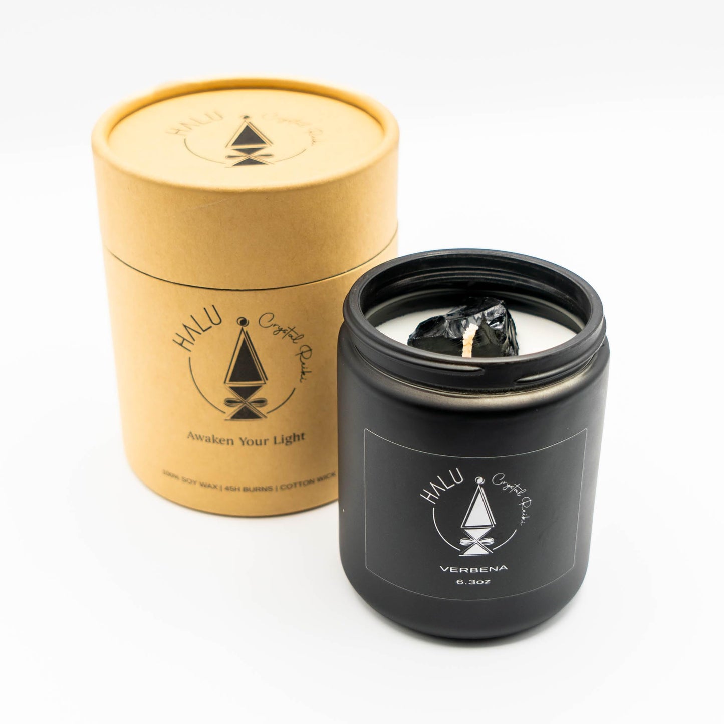 Verbena Scented Candle + Obsidian Crystal | Aromatherapy | Meditation | Reiki Infused | 100% Natural Soy Candles