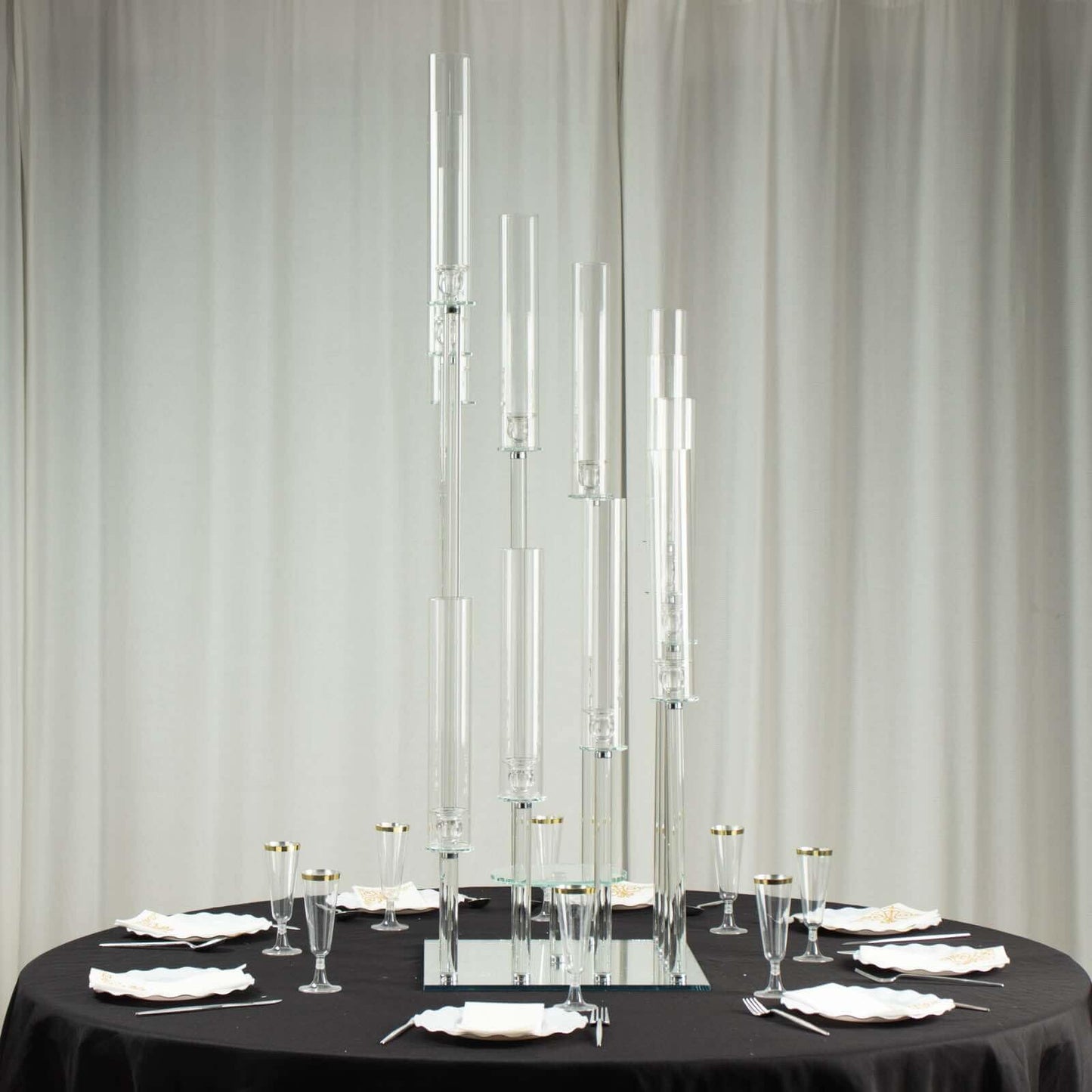 Efavormart 4.5ft Crystal 12-Arm Cluster Glass Candelabra Floral Pedestal Stand, Square Hurricane Taper Candle Holder Stand