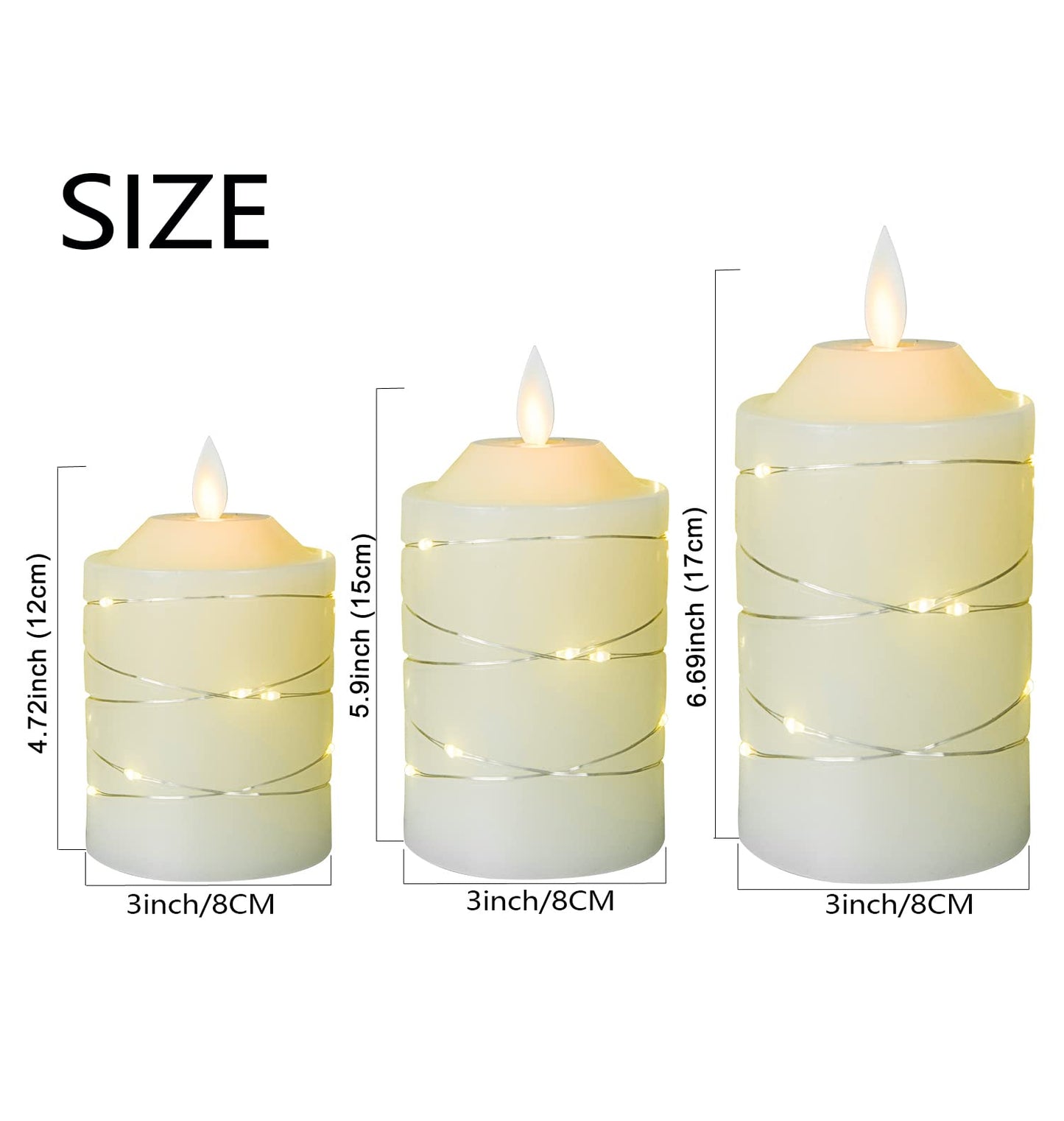 Battery Operated Flameless LED Candles: with Embedded String Lights, 3 Pack Flickering Electric Candle with 10-Key Remote Control for Seasonal Festival Celebration Real Wax(Batteries not Included)