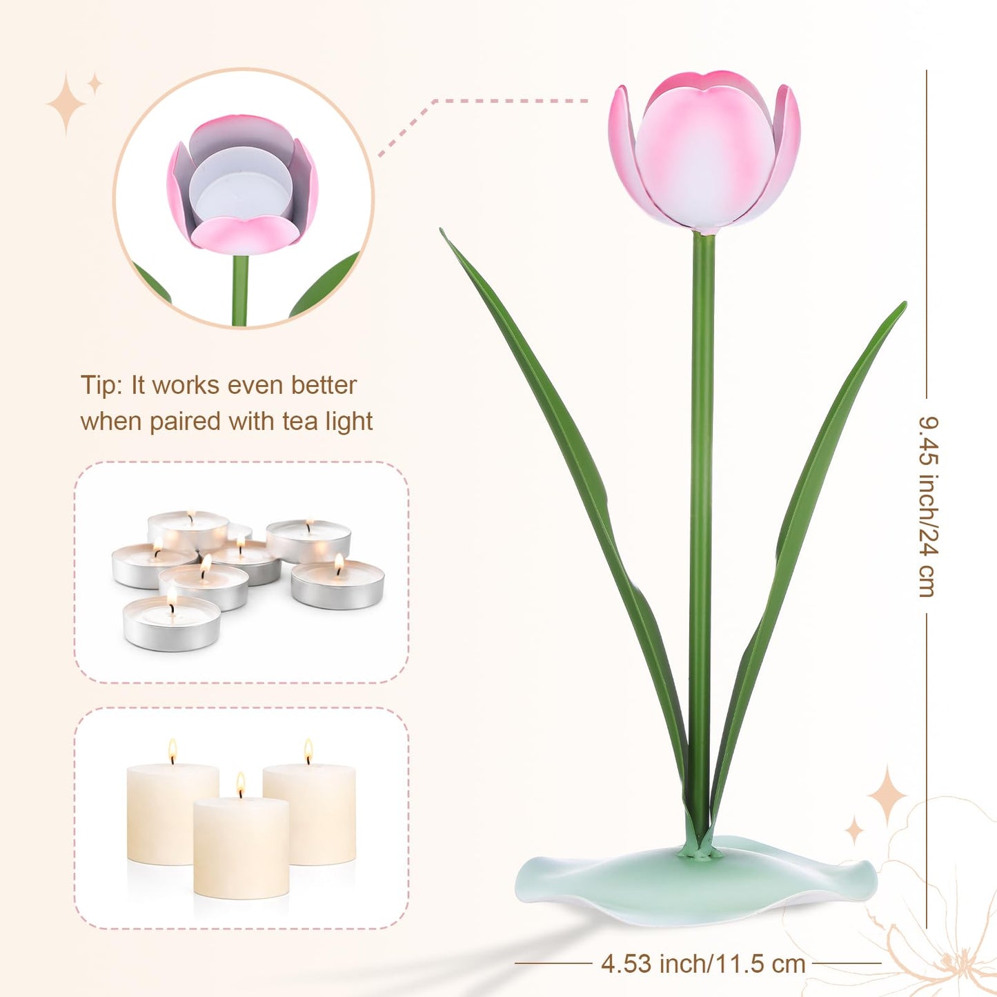 Remerry 9.4" x 3" Spring Tulips Candle Holders Spring Pink Flower Tealight Candle Stick Holder for Tealight Holder Table Centerpieces Wedding Holiday Tabletop Decor Anniversary Engagement Gift