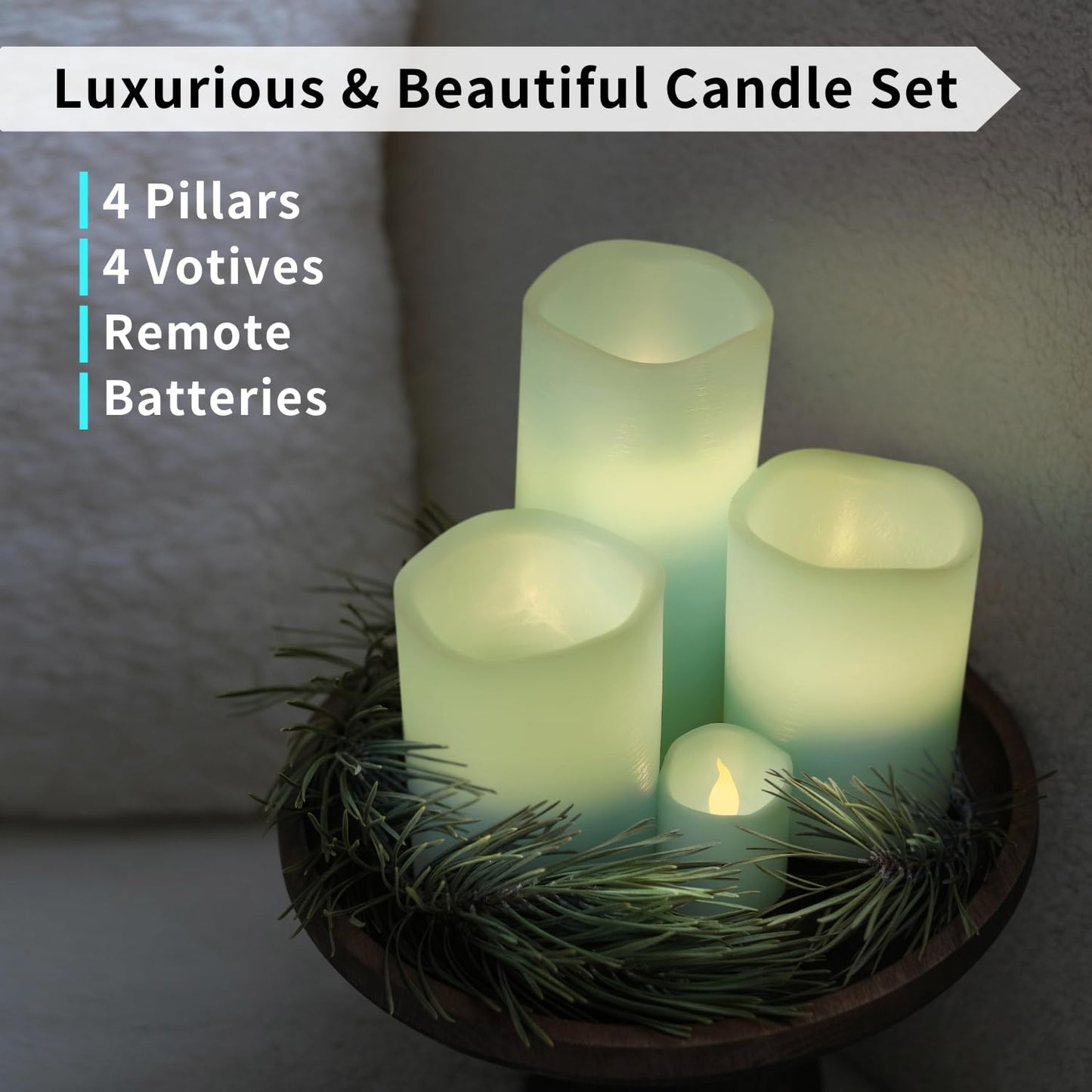 FURORA LIGHTING Blue Flameless Candles - Real Wax, Adjustable Brightness, Remote & Timer - 4 Pillars (3x4, 3x6) and 4 Votives, 8-Pack, Battery Operated