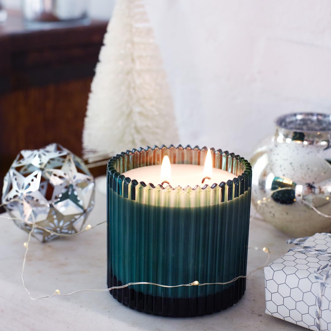Roland Pine Two-Wick Forest Green Ribbed Glass Candle