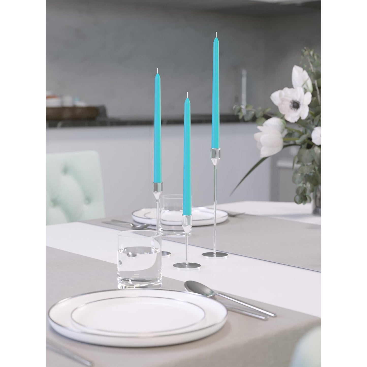 CANDWAX 10 inch Taper Candles Set of 12 - Dripless Taper Candles and Unscented Candlesticks - Perfect for Dinner or Wedding - Turquoise Candle
