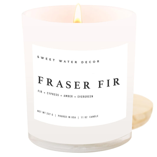 Sweet Water Decor Fraser Fir Candle - Evergreen, Fir, Cedar, and Cypress Winter Holiday Scented Soy Christmas Candles for Home - 11oz White Jar, 50+ Hour Burn Time, Made in the USA