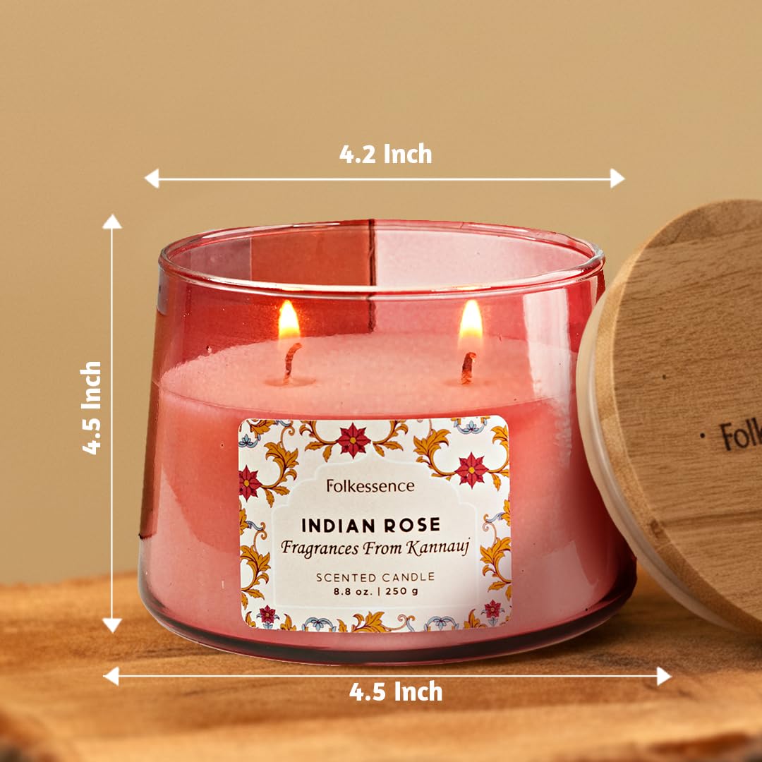 Folkulture Scented Candles- 8.8 Oz | Indian Rose Scented, Luxury Glass Jar Candles for Home, Gifts for Women, Her |Soy, Non Toxic Candle with 30 Hrs Burntime for Aromatherapy, Home Decor