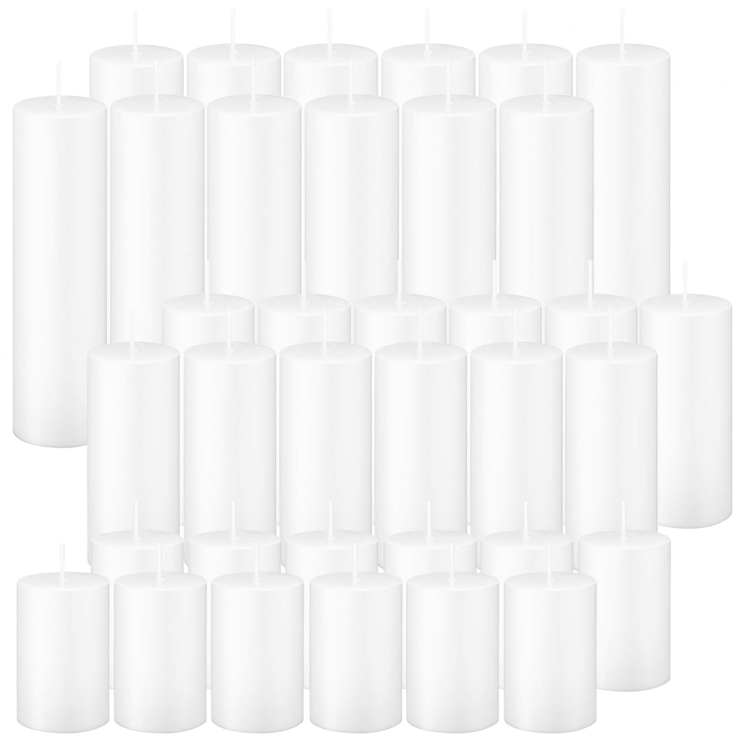 Trxvxo White Pillar Candles Bulk Set of 36，Hurricane Candles，3 Different Lengths 2 x 3/6/8 Inch (12 Each)，Dripless Unscented Smokeless，Gives You a Better Atmosphere When Organizing an Event Party.