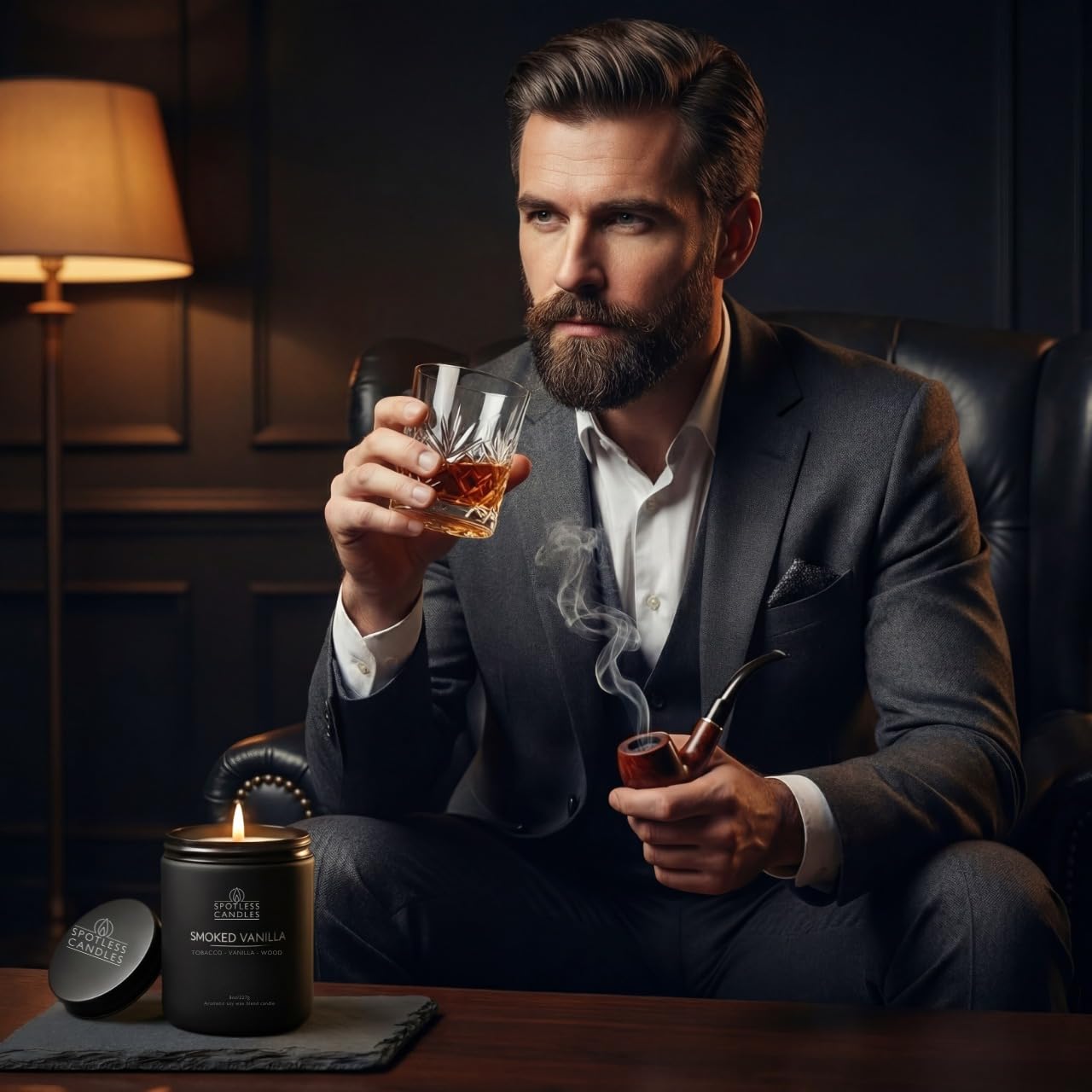 Men's Candle Gift Set; 4 x 8oz Scented Candles; Bay Rum, Pine Tar, Smoked Vanilla, Lavender Cedarwood; 200 Hours Burn Time; Matte Black Glass Jars; Premium Black Gift Box by Spotless Candles