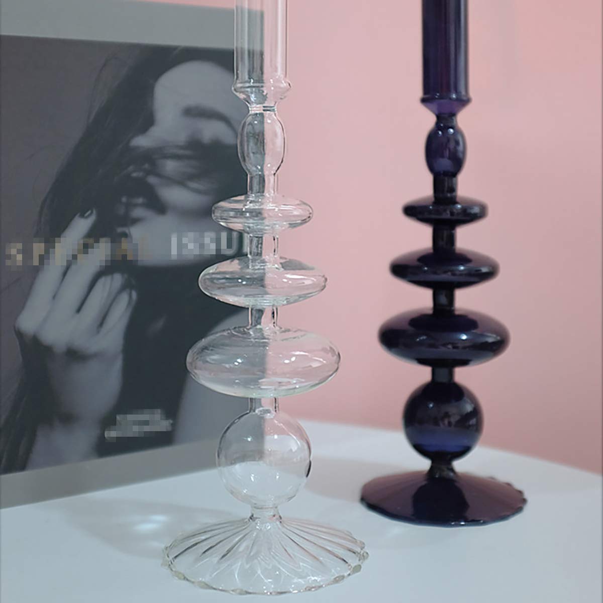 LKXHarleya Glass Candlesticks Holders, Retro Glass Candle Holder for Taper Candle Table Centerpiece Wedding Party Home Decoration, Transparent