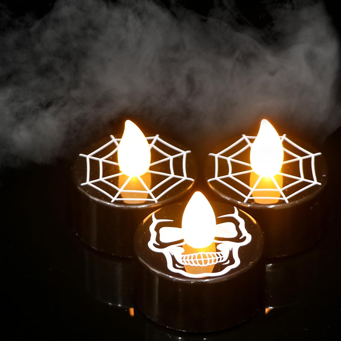 GenSwin Halloween Black Tealights Candles, Battery Operated Tea Lights Candles with Timer, 12 Pack Flameless Candles with 3D Wick, LED Votive Candles with Skull and Spiderweb Prints for Home Decor