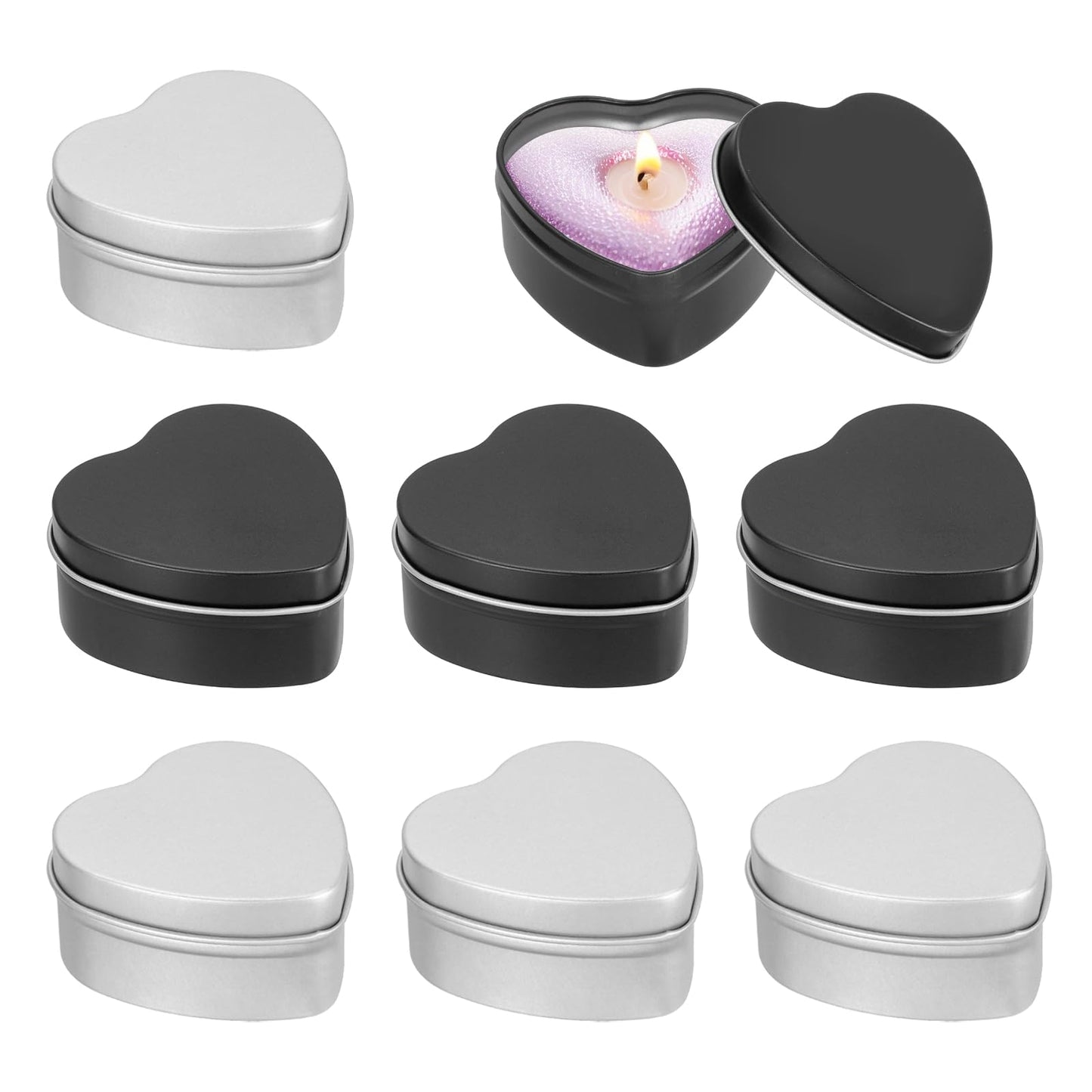 MECCANIXITY Heart Shaped Candle Tins, 2 oz Empty Metal Tin Cans Candles Containers for Candle Making Candies Gifts DIY Crafts, Black and Silver, Pack of 8