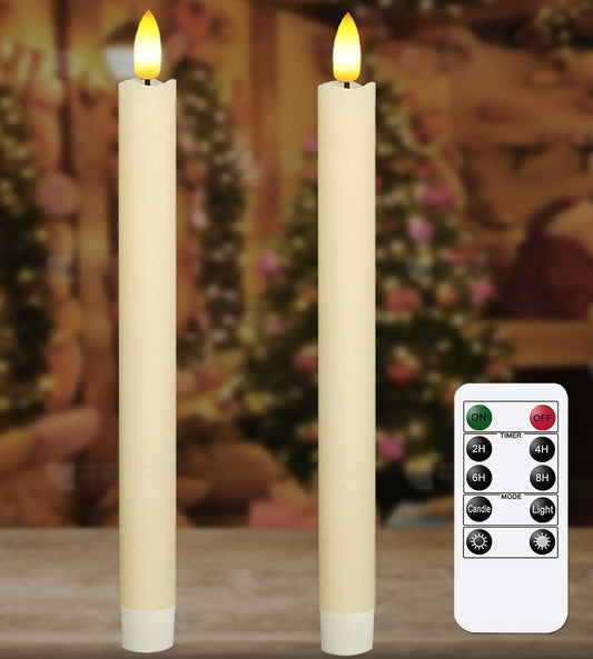KSWING 2 PCS Upgraded Real Wax LED Flameless Taper Candles with Remote, White Candlesticks Battery Operated Flickering - 9.6” Long Realistic Fake Candle Sticks for Home/Wedding/Fireplace Xmas Decor