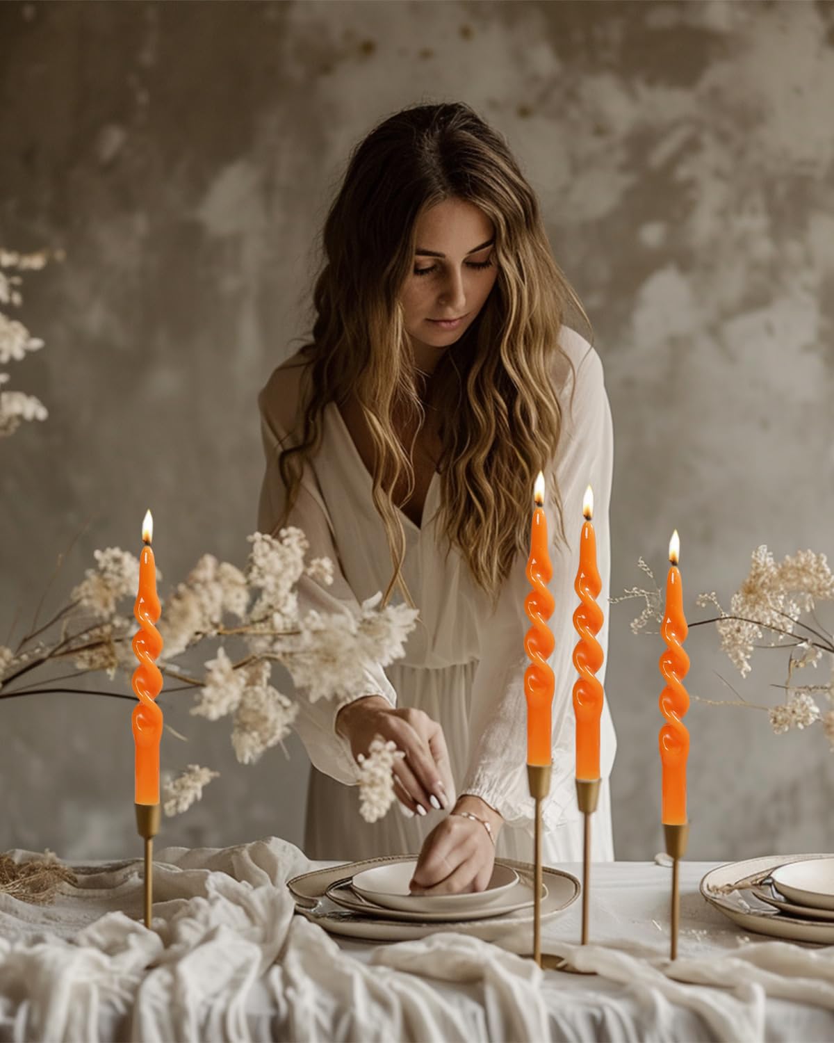 LPUSA Orange Spiral Taper Candles Halloween Decorations Candle Conical Stick Candles for Holiday Wedding Party Wax Unscented Dinner Candle Dripless,H 10 Inch,4pcs（Orange-B）