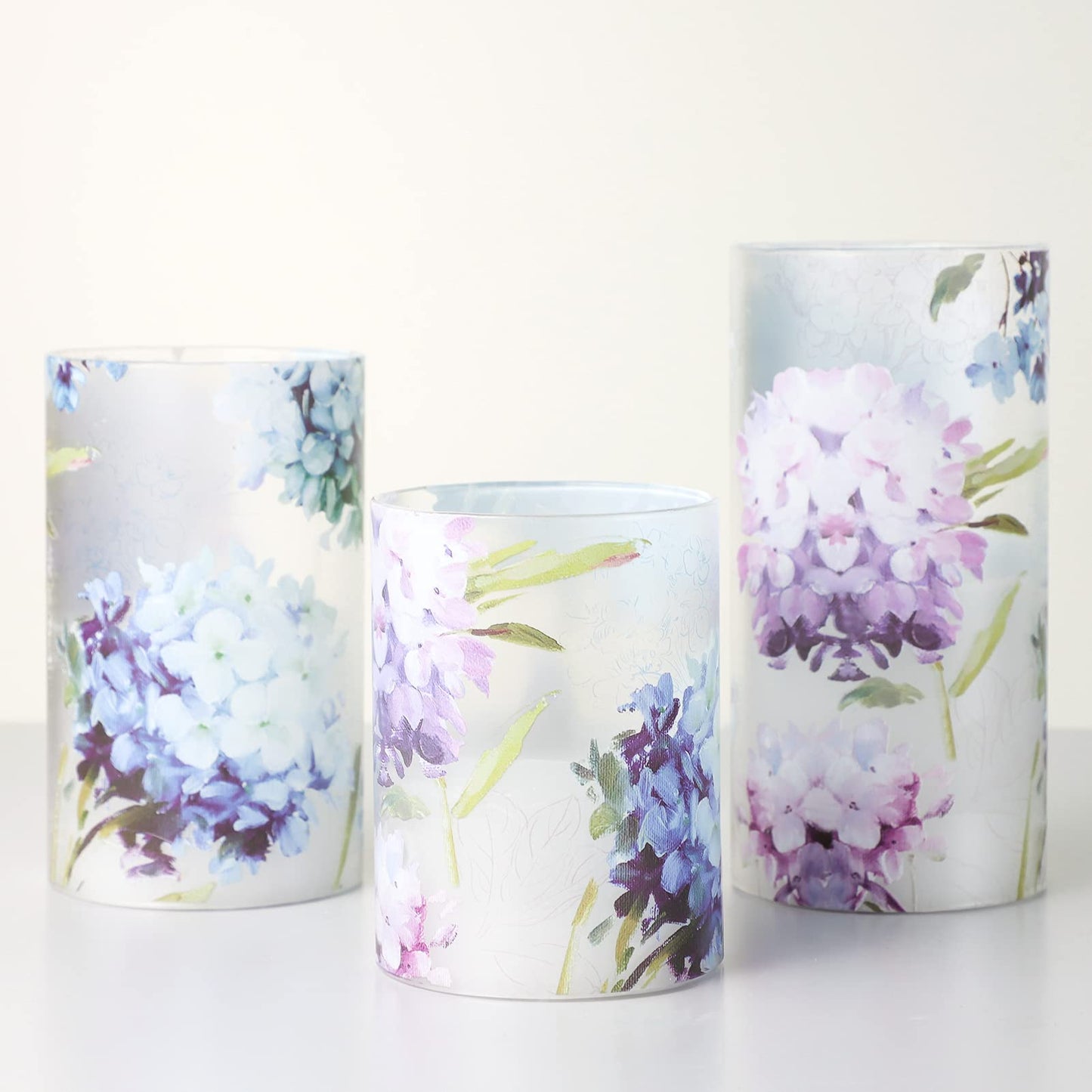 FLAVCHARM Floral Flameless Candles Decorative Battery Operated with Remote Hydrangea Flowers Romantic Lovers Flickering Pillar Candles for Wedding Tray Centerpiece Home Decor