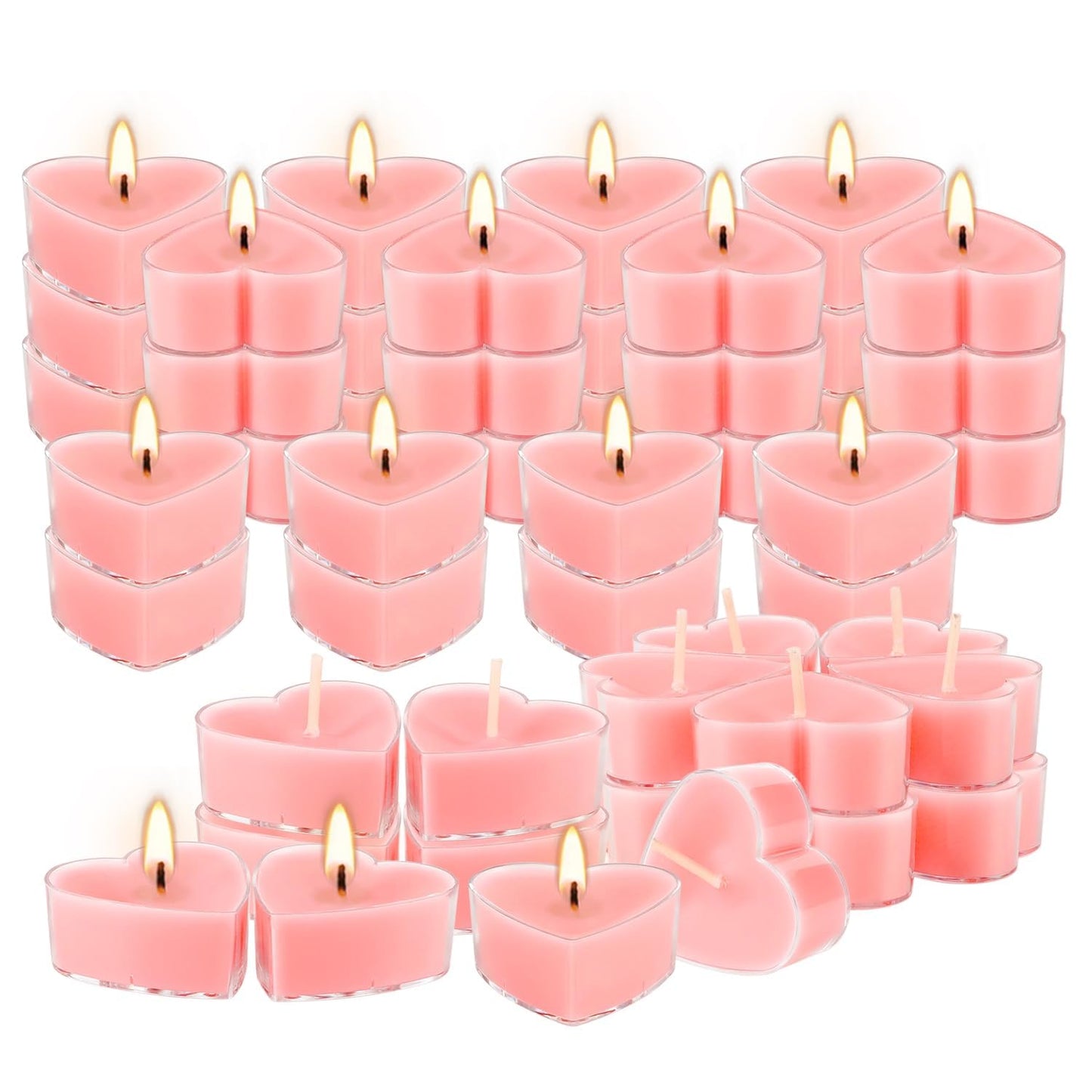 50Pcs Valentines Day Tealight Candles Rose Scented in Clear Cup,Love Pink Wax Votive Candle for Valentine's Day,Home Decor,Wedding, Anniversary, 4Hours Heart Shaped
