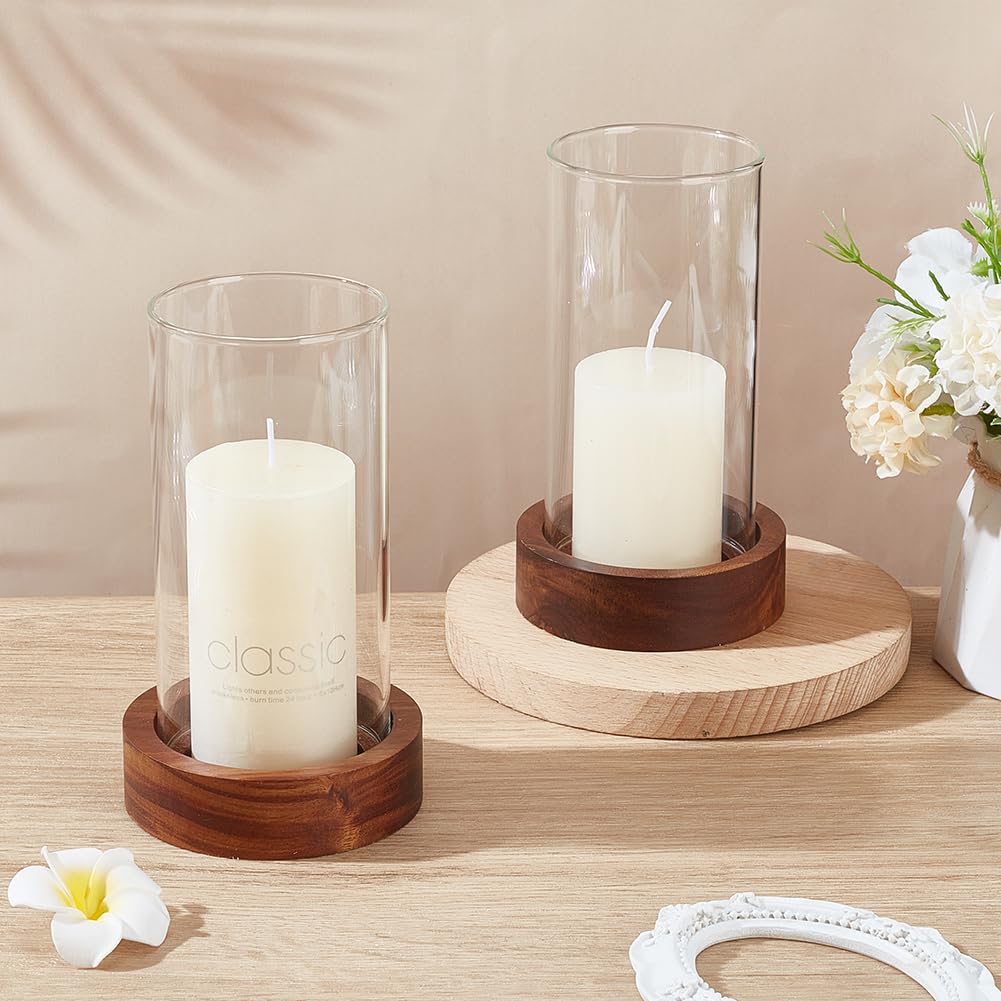 WEBEEDY 2 Sets Hurricane Glass Candle Holders Pillar Candle Holder with Wood Plate Base, Table Decorative, Holder Table Centerpieces for Wedding, Birthday Party, Christmas, Kitchen