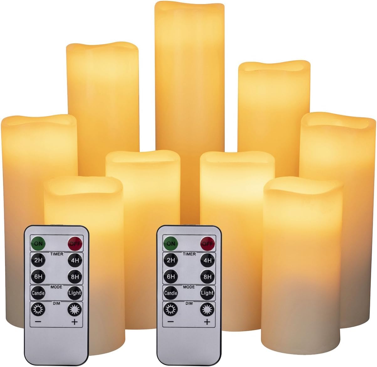 Biyanuo Flameless Battery Operated Led Candles-Set of 9(H 4" 5" 6" 7" 8" 9" x D 2.2") Real Wax Flickering Pillar LED Electric Candles with 10-Key Remote and 24 Hours Timer Ivory
