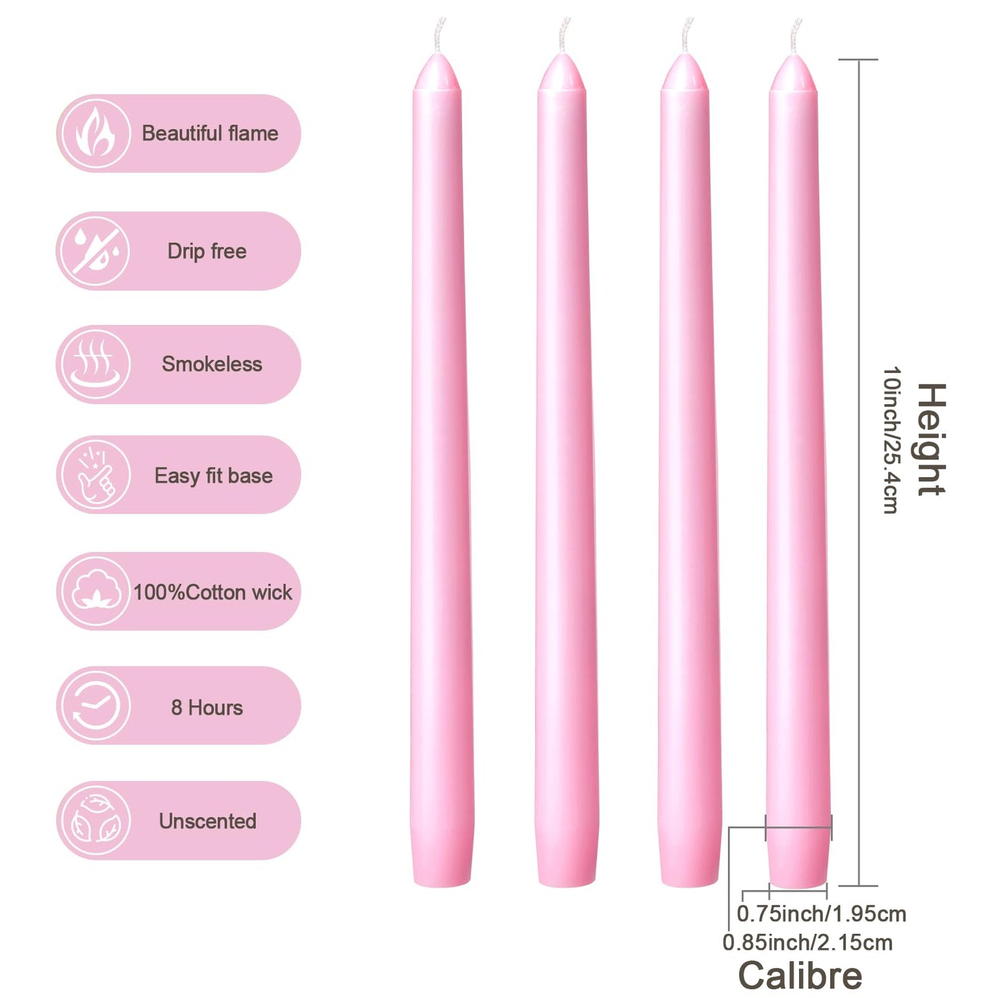 Everymoment Pink Taper Candles - 24 Pack 10 Inch Candlesticks - Dripless & Smokeless for 8 Hours - Unscented Paraffin Wax - Ideal for Wedding Mother’s Day Valentine's Day Baby Shower & Romantic Decor
