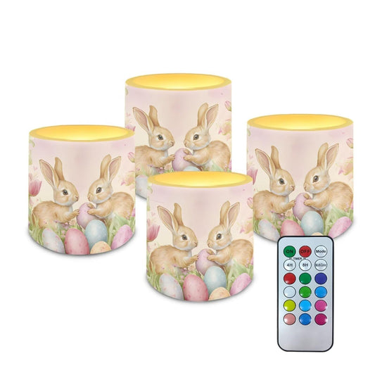 Merkmak Pack of 4 Easter Day Flameless Candles with Remote Battery Operated Candles with Timer Flickering LED Elictric Pillar Tealights for Party Decorations, Easter Egg Bunny Tulip