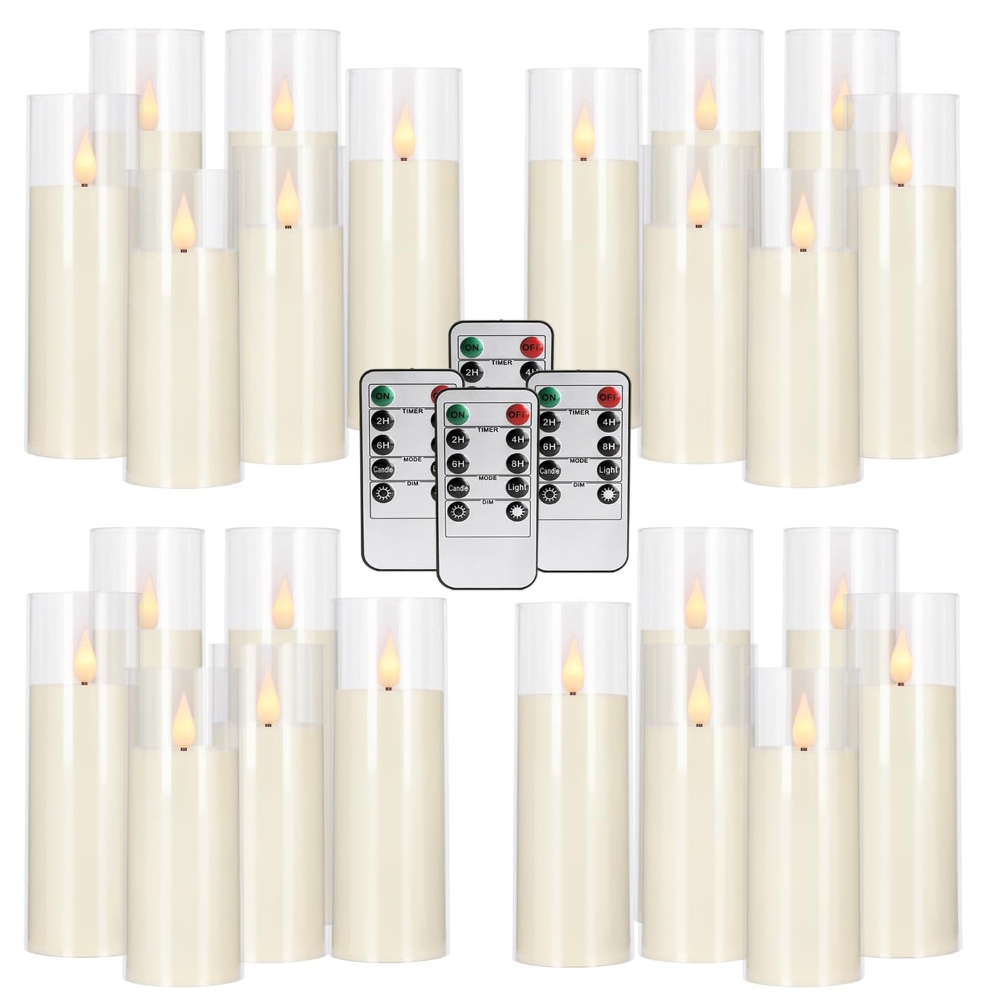 CAKETYCG 24-Pack LED Flameless Candles(14/16/18cm) with 4 Timers Remote - 3D Flickering Flame, Clear, Perfect Decor for Home & Events.