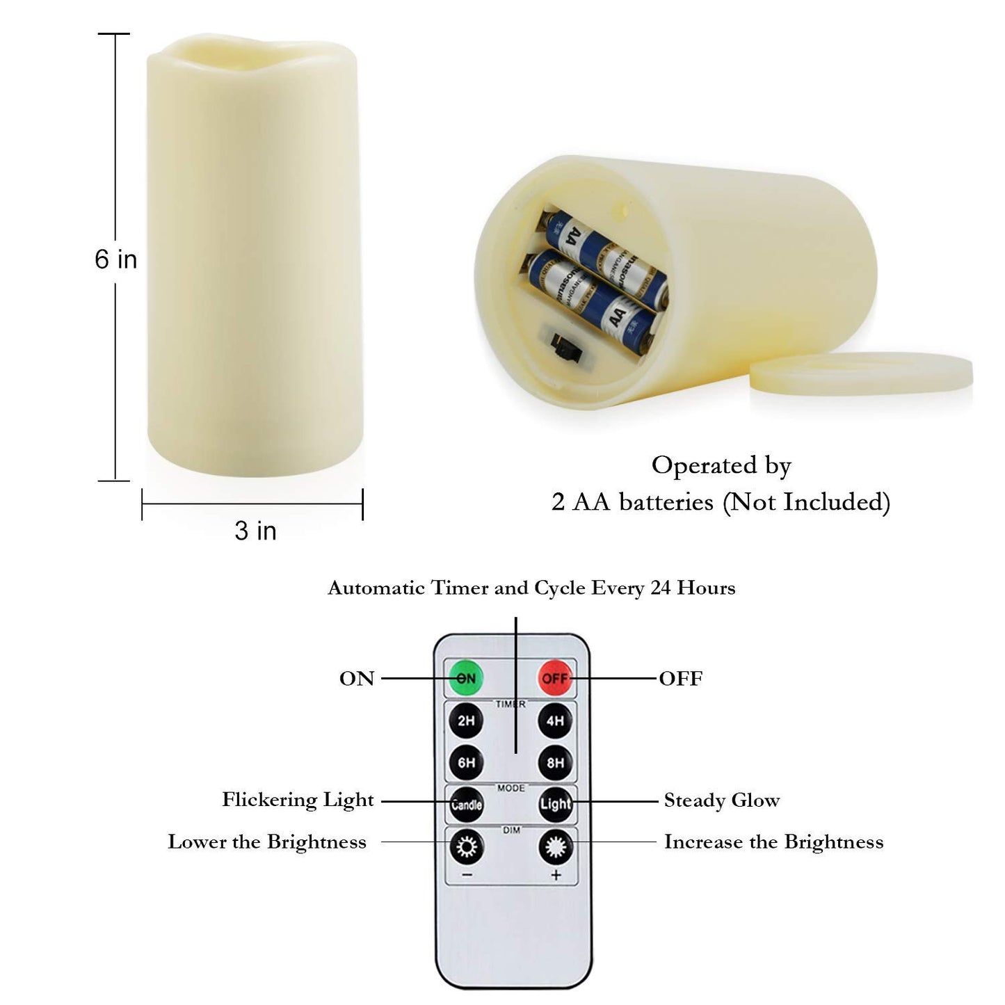 Amagic 3" x 6" Waterproof Outdoor Flameless Candles, Battery Operated Candles with Remote and Timer, Flickering LED Pillar Candle for Outside Patio Garden and Indoor Home Decor, Ivory, Set of 2