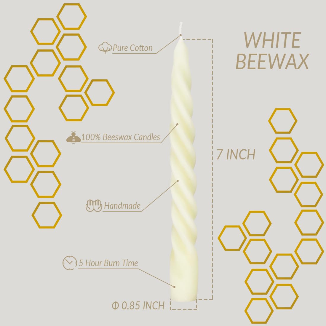 Beeswax Taper Candles Set of 4,Spiral Taper Candle Dripless Short Candle Sticks for Dinner Wedding Party Christmas Home Decorations - 7 inch in Height- Off White