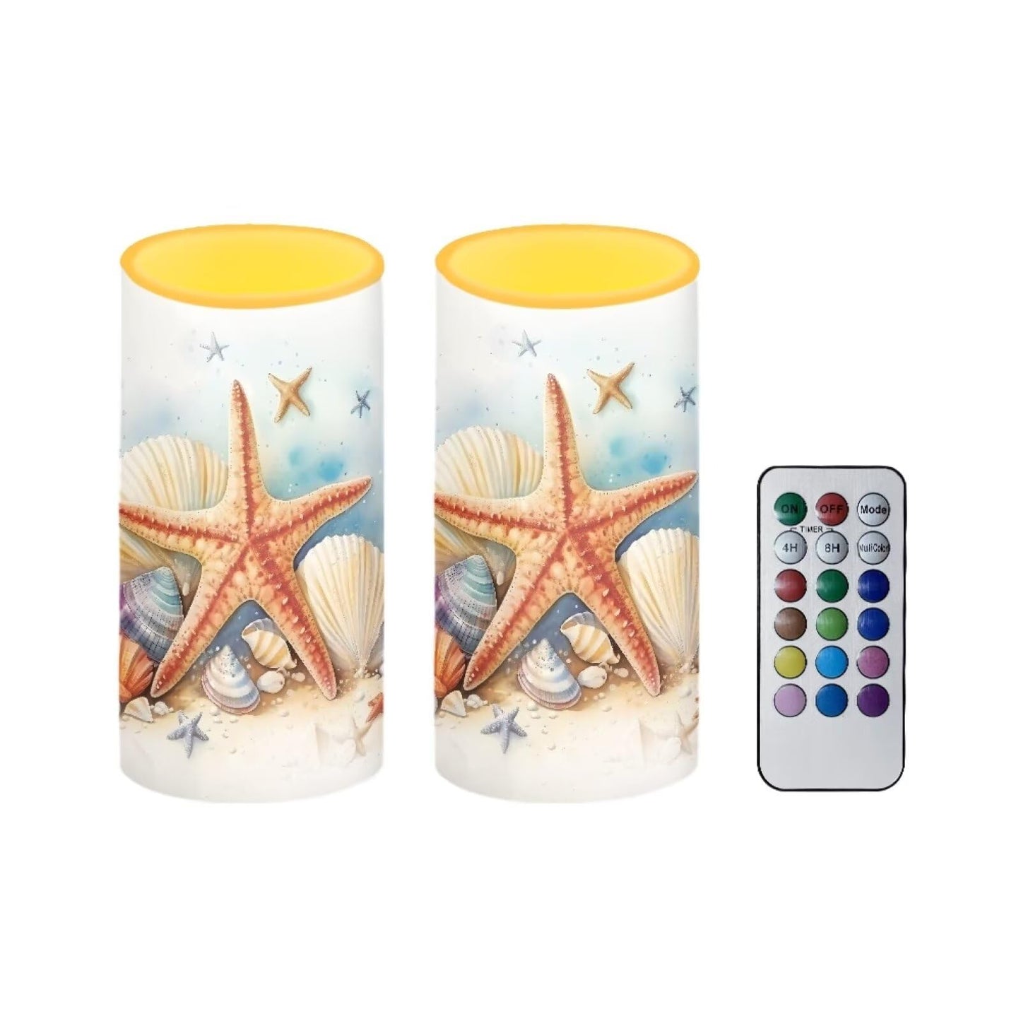 NETILGEN Flameless Candles LED Battery Operated Candles with Realistic Set of 2 with 18 Key Remote Control Timer Pillar Candle for Coastal Home Decoration, Starfish Seashell Retro