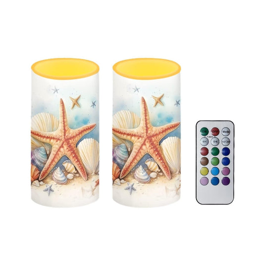 NETILGEN Flameless Candles LED Battery Operated Candles with Realistic Set of 2 with 18 Key Remote Control Timer Pillar Candle for Coastal Home Decoration, Starfish Seashell Retro