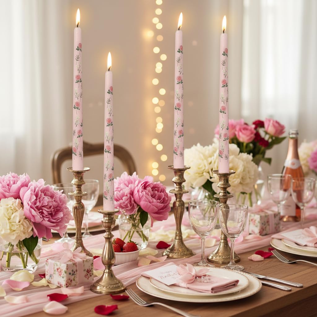 Rose Printed Taper Candle Smokeless- 4 Pack Handmade Pink Taper Candle - Dripless Uncented Candle 10 inches Long Flower Printed Tapered Candles for Mother's Day Home Wedding Restaurant Holiday Decor
