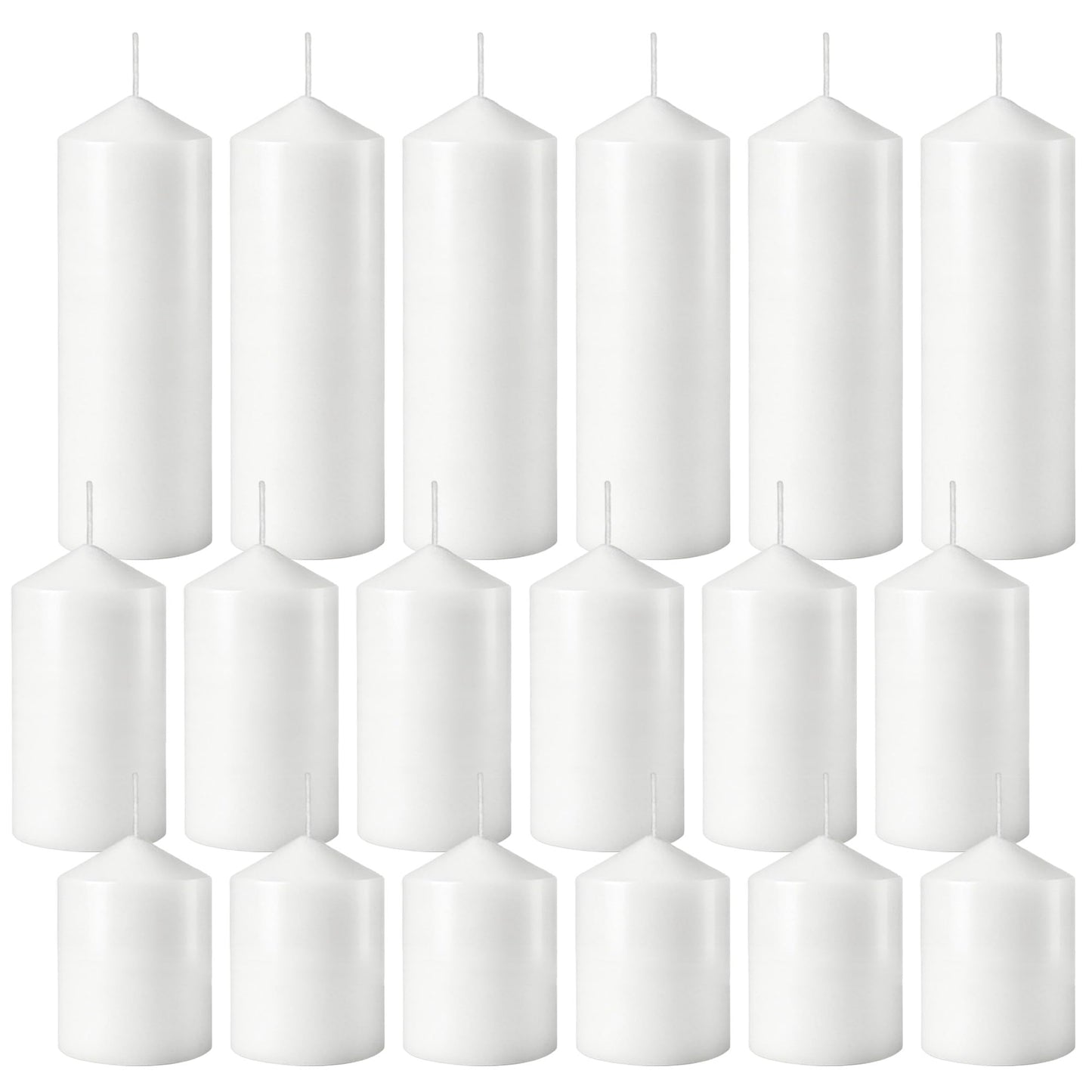 HTTBEIZI Pillar Candles Bulk Set - Unscented, Smokeless, Dripless | 3 Sizes: 2x3, 2x4, 2x6 Inches | Ideal for Weddings, Christmas & Home Decor (18, White)
