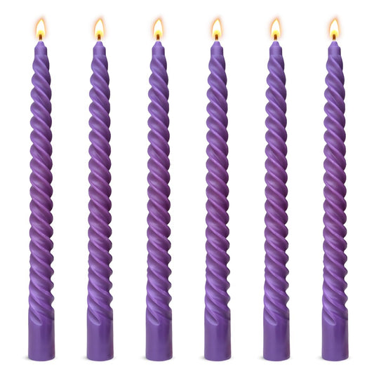 6 Pack 10 Inch Purple Spiral Taper Candles for Celebrations and Religious Ceremonies, Unscented Dripless Twisted Candlesticks for Dinner Decorative Accents Relaxation and Meditation