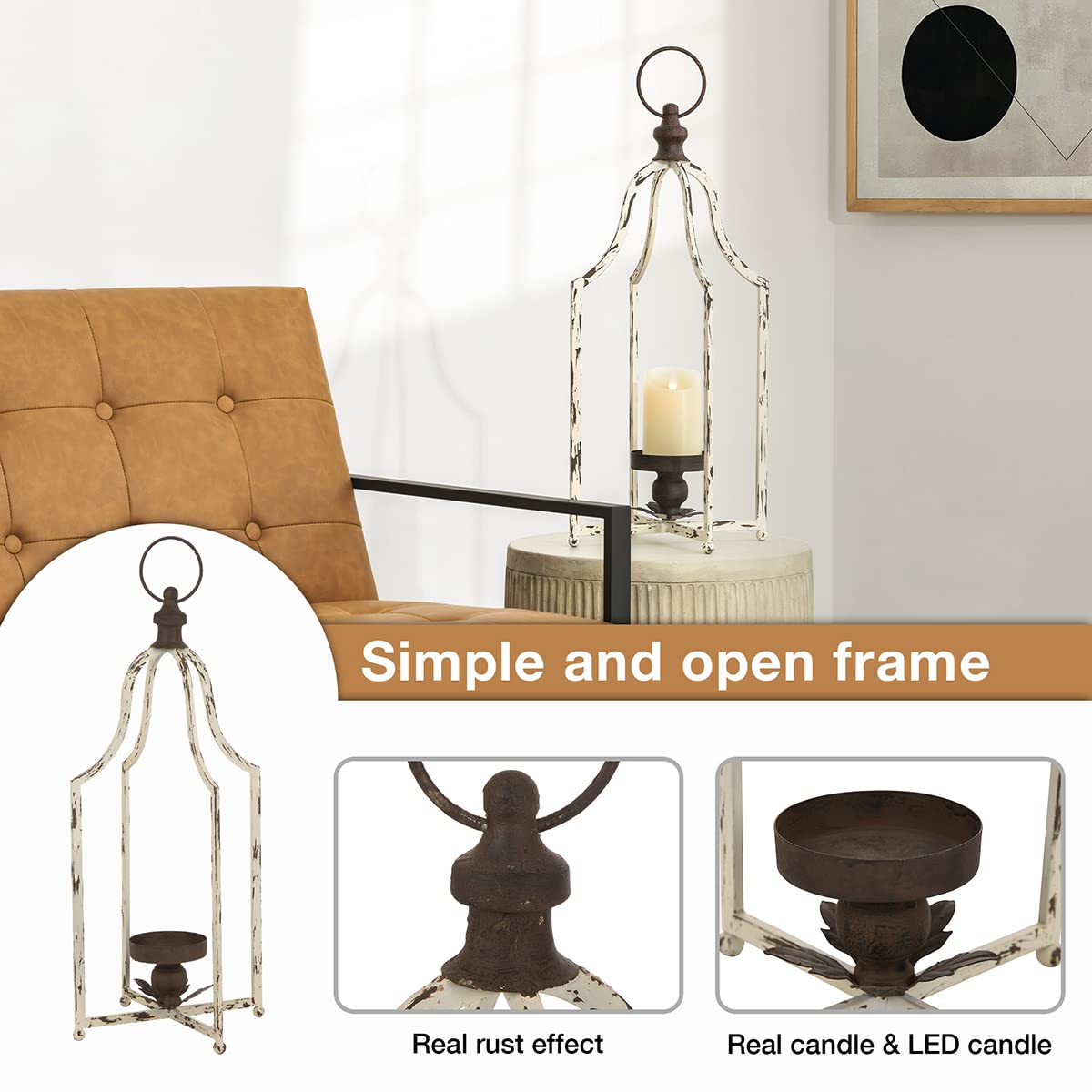 Glitzhome 22" Lanterns Decorative Indoor Outdoor, Farmhouse Metal Lanterns, Hanging Candle Holder for Porch Mantle Fireplace Patio Garden Home Decor,White