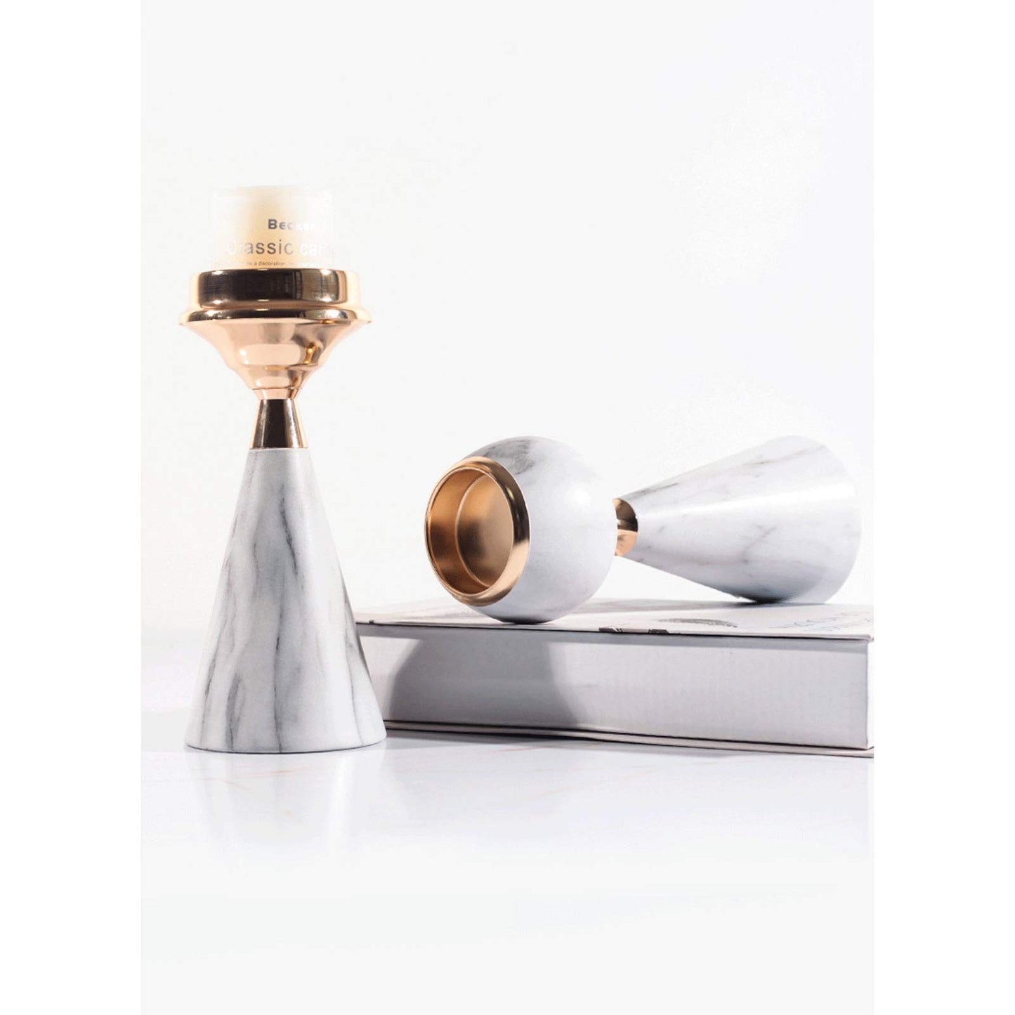 XILIN-1987 Candle Holderss Modern Wrought Iron Candle Holder Imitation Marble Metal Candlestick， Decorative Candlestick Holder for Wedding, Dinning, Party (Pack of 2) Decorative Candlestick