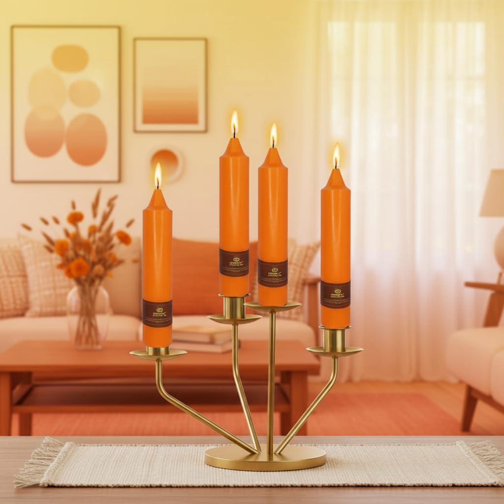 Short Orange Chunky Taper Candles 7 Inch Set of 4 Candlesticks Fat Candles Handmade Clean Burning Unscented Candles for Dinner Country Farmhouse Bedroom Meditation Wedding Home Decor Sanctuary