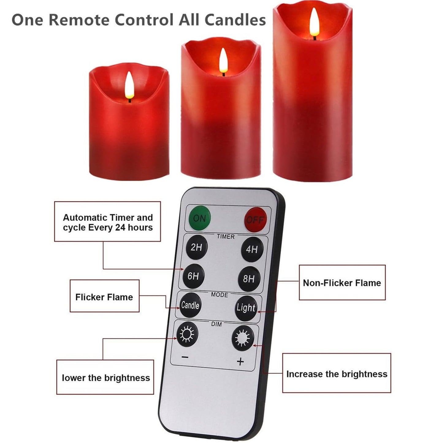 Gbateri 3 PCS Red Flickering Flameless Candles - Dripless Real Wax Pillar LED Candle Lights - Battery Operated Candles - Dancing Electronic Candles Set with Remote Control and Timer for Decoration Use