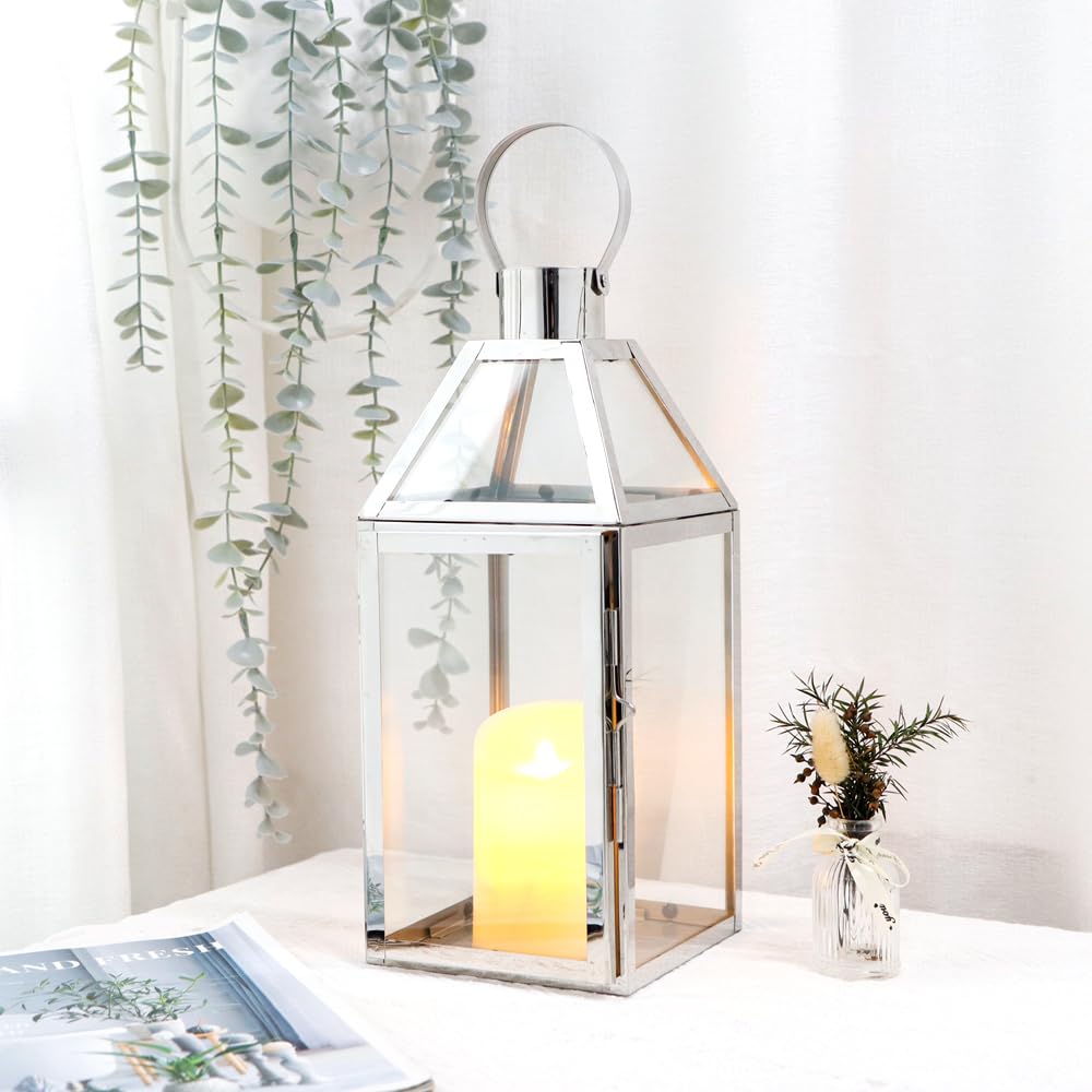 JHY Design Silver Decorative Lanterns 16inch High Stainless Steel Candle Lanterns with Tempered Glass for Indoor Outdoor Events Parities and Weddings