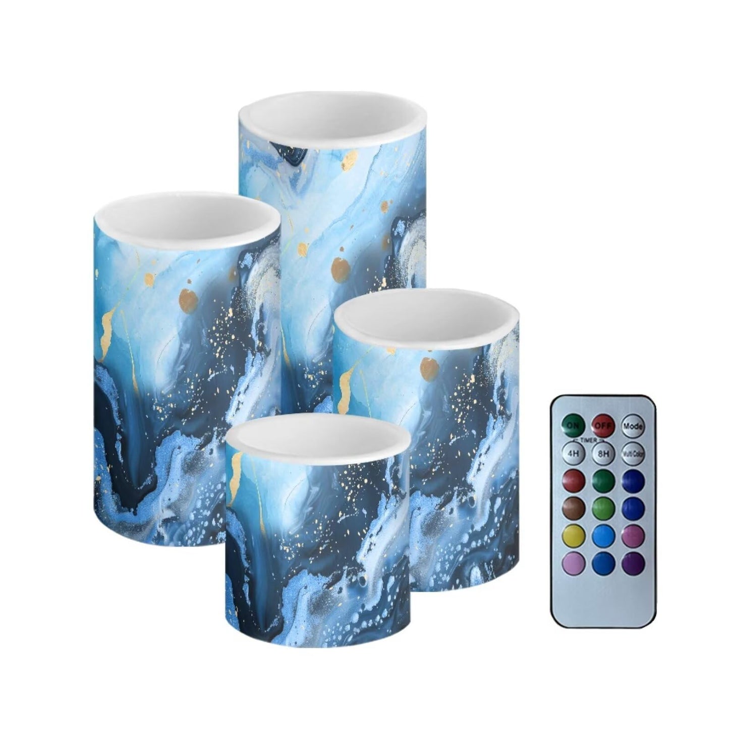NETILGEN Home Party Decorative Flameless Candles with Timer Remote Control LED Pillar Color Changing Candles Set of 4 Blue Marble Print