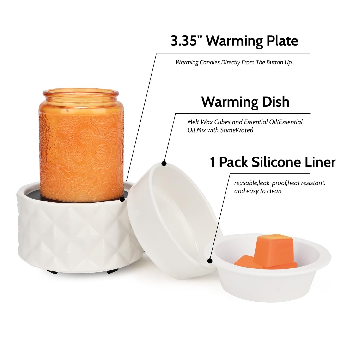 ASAWASA Ceramic Candle Warmer for Large Jars, Wax Melt Warmer with 1 PC Silicone Liner,4-in-1 Electric Warmer for Jar Candle Wax Cube Essential Oil Coffee Tea Mug, Ideal Gift for Home Office