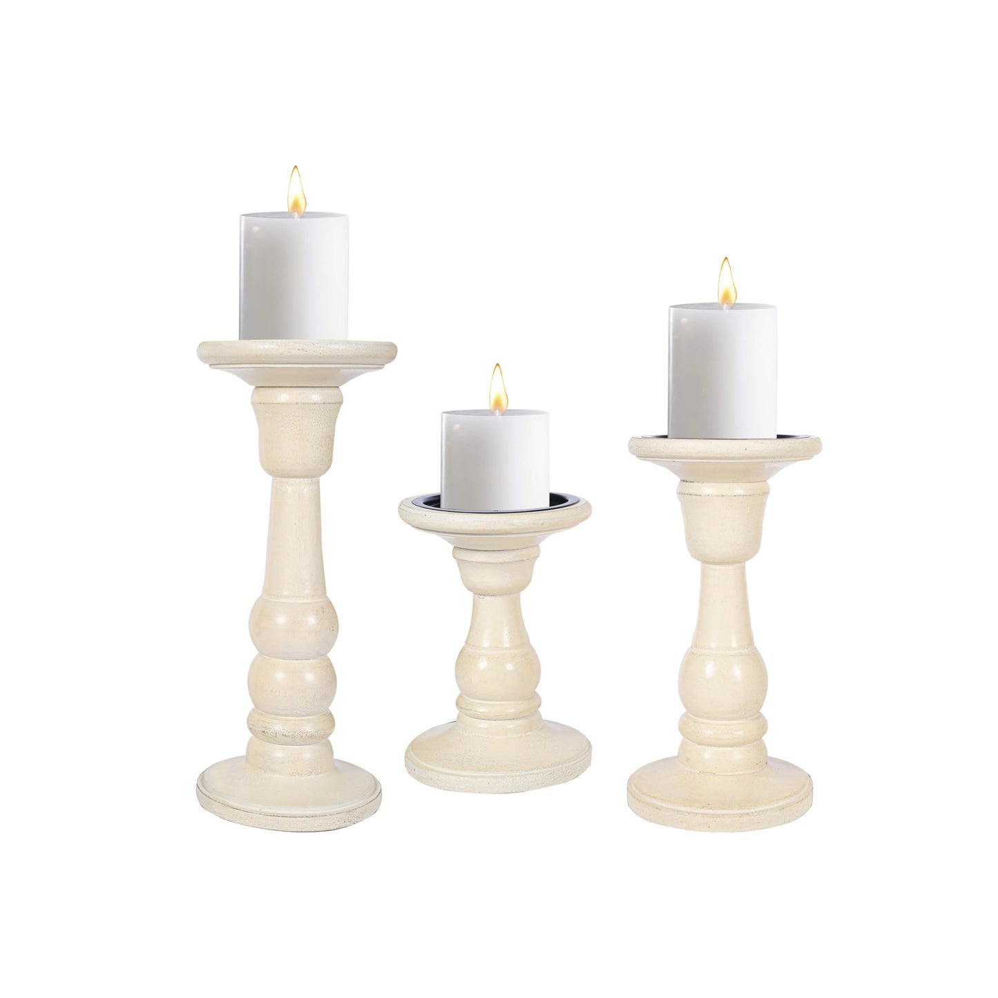Woodify Wooden Candle Holder Set of 3, Handcrafted Mango Wood Pillar Candle Stands 10", 8", 6", White Antique Candle Holders for Home Décor, Living Room, Dining Table.