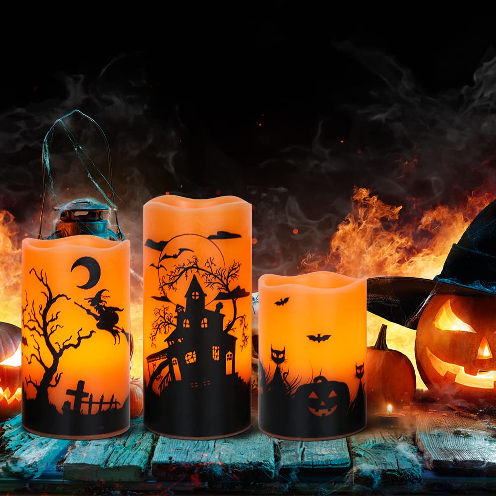 Lasumora Halloween Flameless Candles with 6-Hour Timer, Battery Operated Orange LED Pillar Candles Flickering Real Wax, Witch, Bats, Castle Decals Set of 3 for Halloween Decorations, D3”x H4” 5” 6”