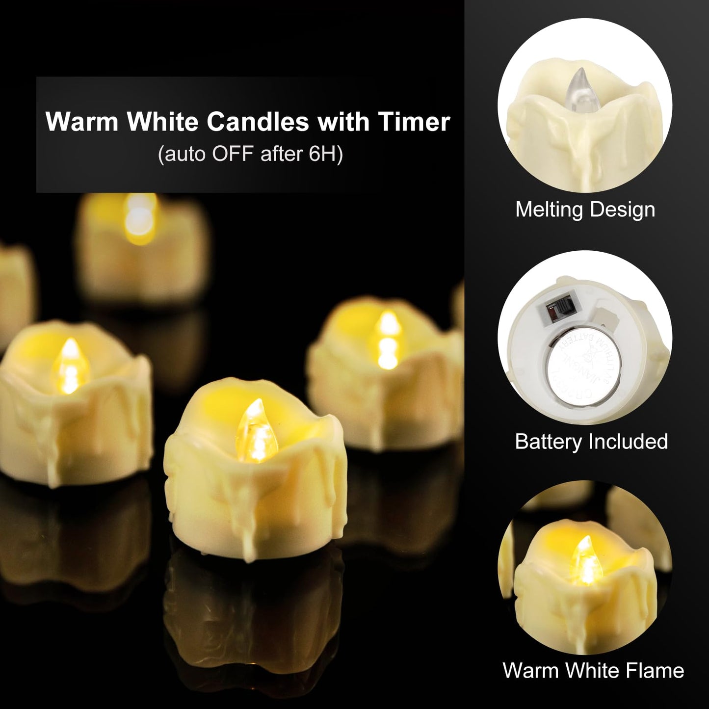 Windshell Warm White Flickering Flame Tea Lights with Auto 6H Timer (No Remote), Melting Design (Ivory Base), Battery Operated LED Flameless Tealight Candles for Wedding Party Christmas, 12 Pack