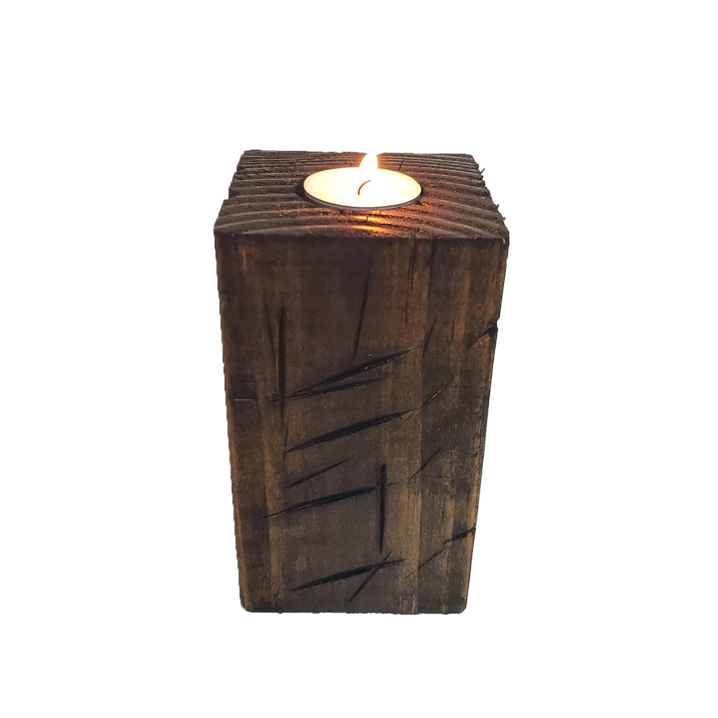 6" Tall Wood Tea Light Candle Holder Block (Distressed Espresso)